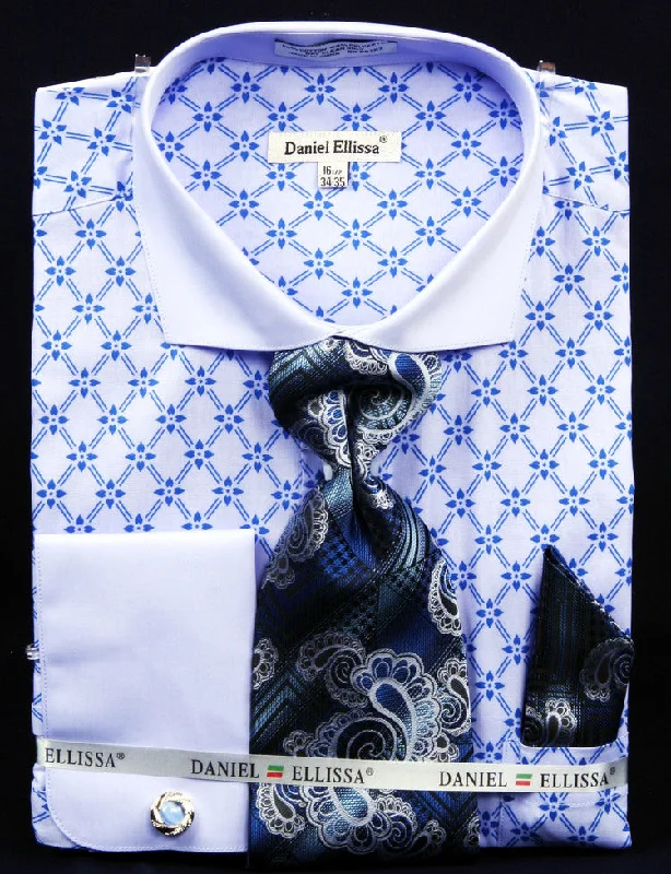 French Cuff Printed Two Tone Shirts in Blue with Tie, Cuff Links and Pocket Square Athletic Men's High French Cuff Printed Two Tone Shirts in Blue with Tie, Cuff Links and Pocket Square Athletic Men's High
