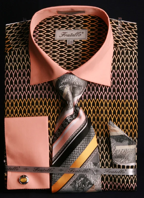 French Cuff Printed Tone on Tone Shirt in Black/Gold with Tie, Cuff Links and Pocket Square Youthful Men's Pop French Cuff Printed Tone on Tone Shirt in Black/Gold with Tie, Cuff Links and Pocket Square Youthful Men's Pop