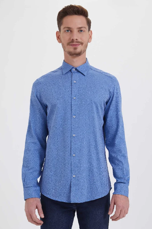 Slim Fit Long Sleeve Cotton Light Navy Dress Shirt Casual Men's Short