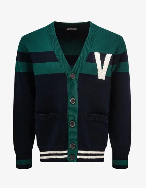 Valentino Garavani Navy Blue & Green V Logo Patch Cardigan Trendy Men's Oversized