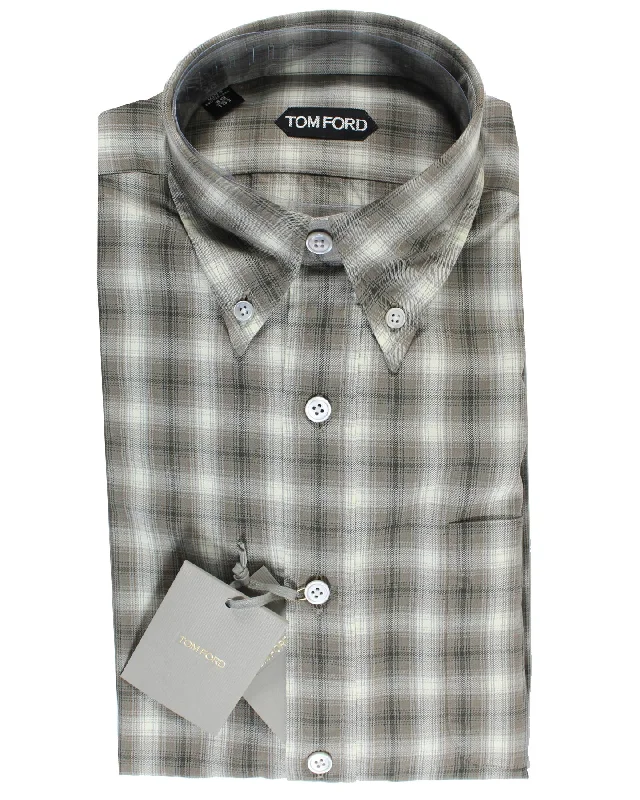 Tom Ford Button Down Sport Shirt Taupe Gray Plaid Check 39 - 15 1/2 REDUCED SALE Sleek Men's Contemporary Tom Ford Button Down Sport Shirt Taupe Gray Plaid Check 39 - 15 1/2 REDUCED SALE Sleek Men's Contemporary