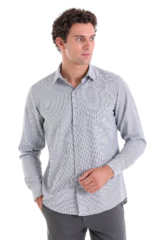 Classic Fit Long Sleeve Cotton Blend Gray Dress Shirt Hip Men's Retro
