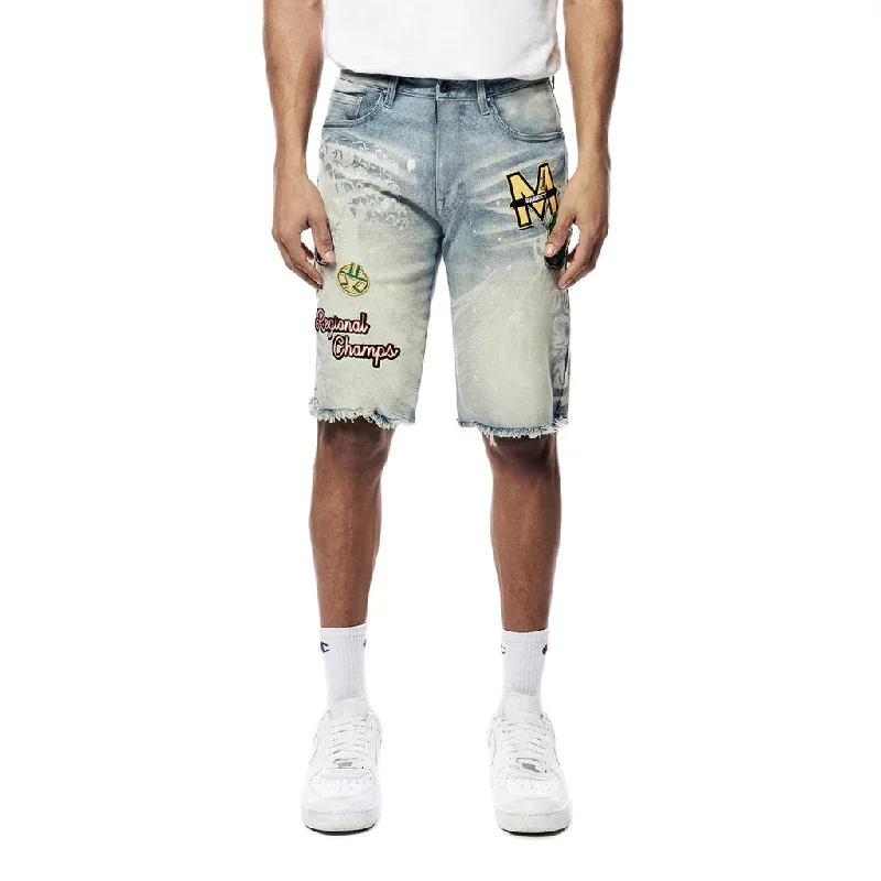 12" Slim Laser Printed Varsity Jean Shorts - Vanilla Blue Hip Men's Retro