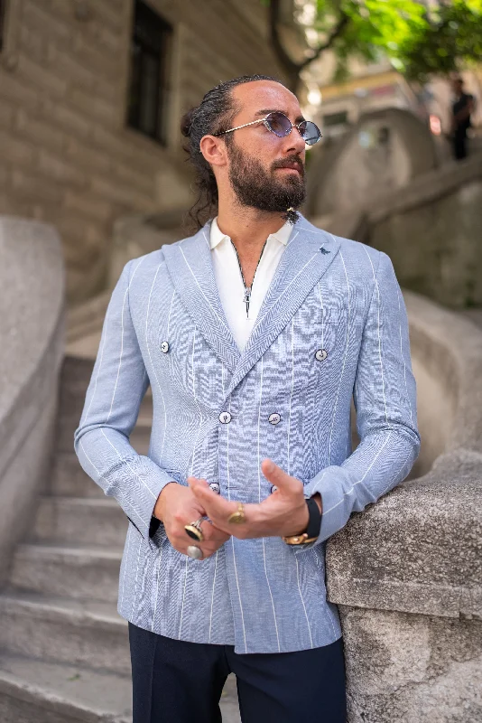 Brabion Noah Sky Blue Slim Fit Double Breasted Striped Blazer Athletic Men's Compression Brabion Noah Sky Blue Slim Fit Double Breasted Striped Blazer Athletic Men's Compression