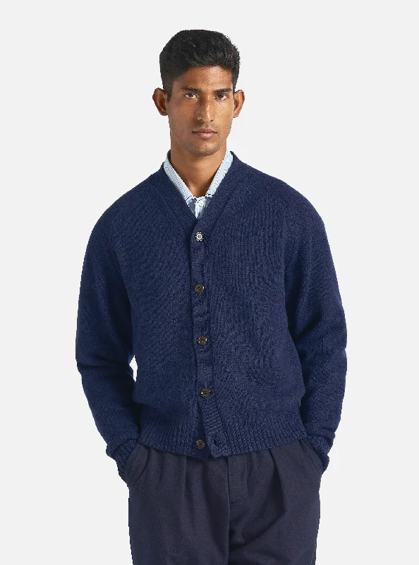 Universal Works David Cardigan in Navy Eco Wool Artistic Men's Hand