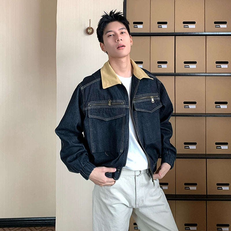 Denim Jacket with Contrast Stitching Modern Men's Geometric