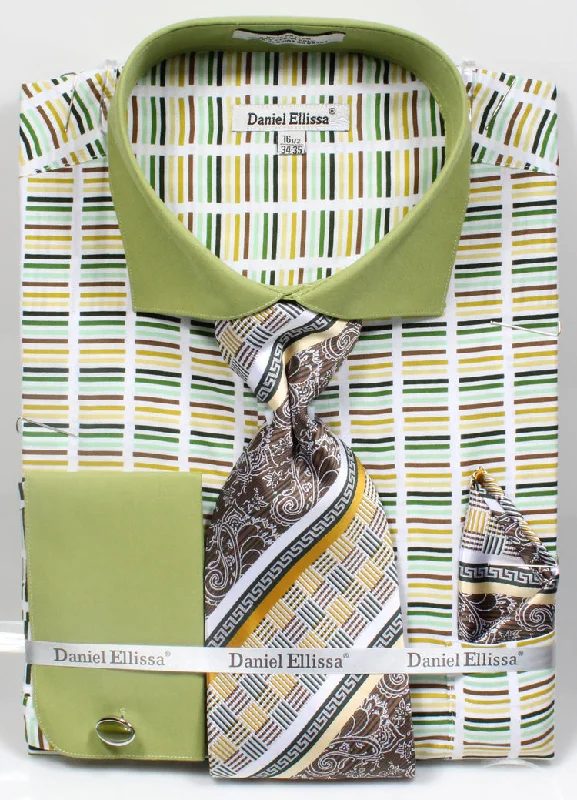 French Cuff Cotton Shirt in Green with Tie, Cuff Links and Pocket Square Relaxed Men's Beach French Cuff Cotton Shirt in Green with Tie, Cuff Links and Pocket Square Relaxed Men's Beach