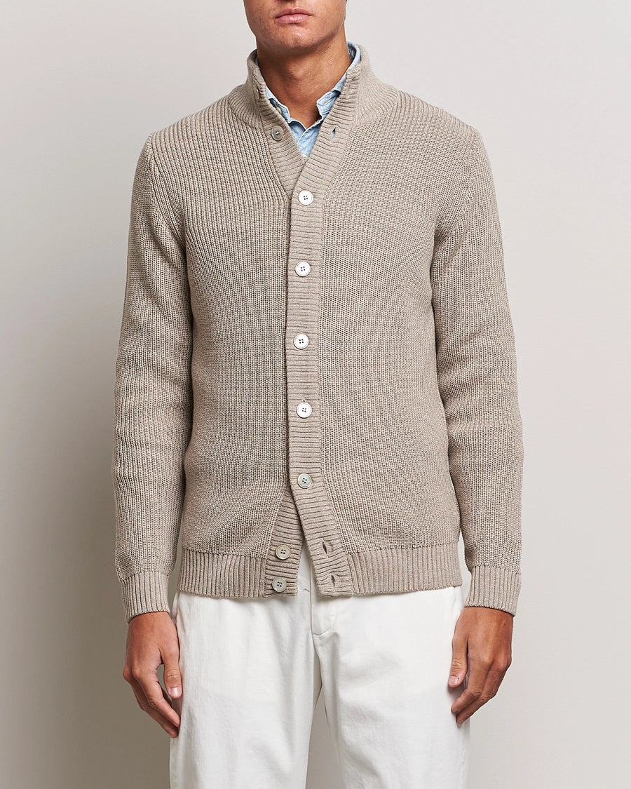 Light Beige Knitted Merino Cardigan Sweater - Stenstroms Polished Men's Satin