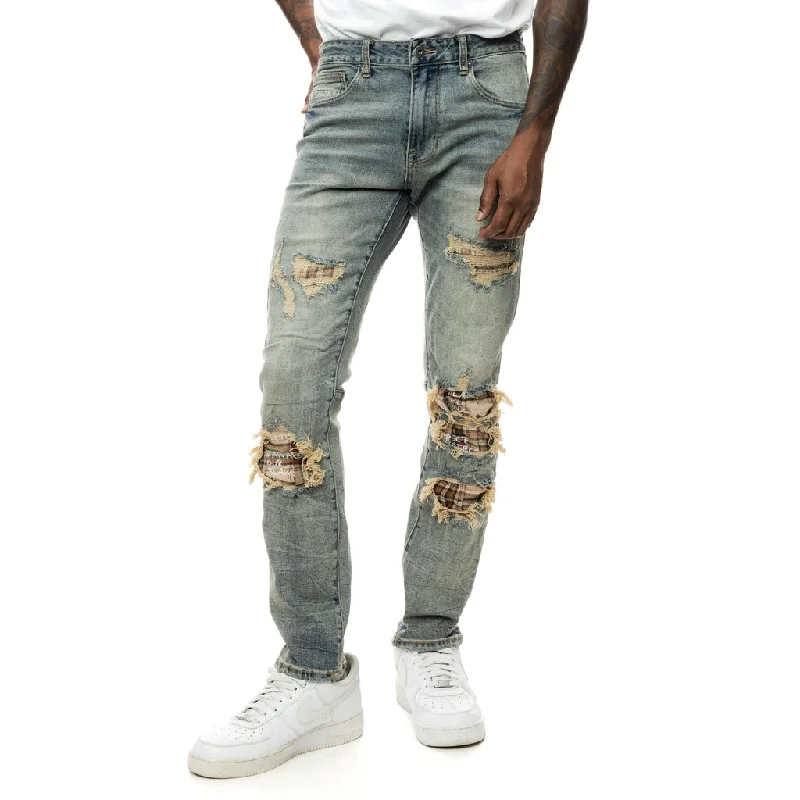 Slim Plaid Backed Jeans - Hazel Blue Practical Men's Multi