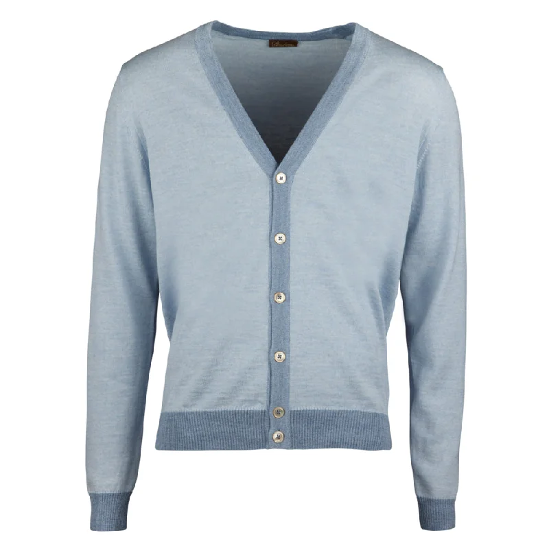 Light Blue V-Neck Fine Merino Wool Cardigan Earthy Men's Hemp