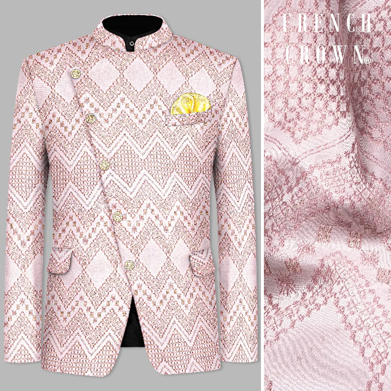 Blossom Pink Thread and Chevron Sequin Embroidered Cross Placket Bandhgala Jodhpuri Elegant Men's Cashmere Blossom Pink Thread and Chevron Sequin Embroidered Cross Placket Bandhgala Jodhpuri Elegant Men's Cashmere