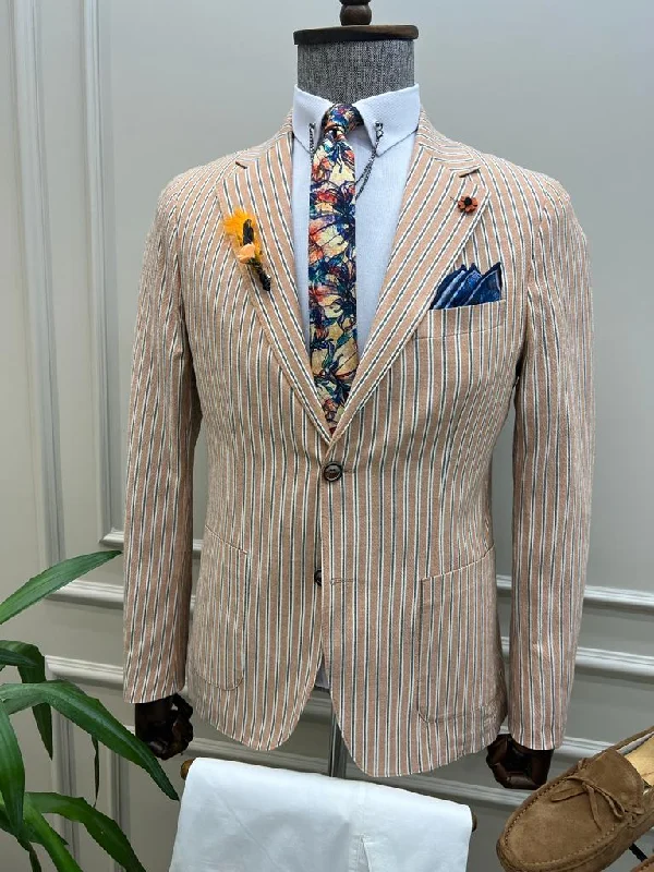 Lawton Camel Slim Fit Striped Cotton Blazer Beach