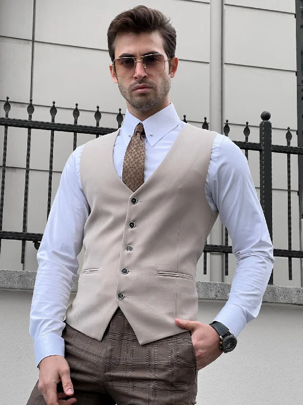 Stefano Slim Fit Beige Woolen Vest - Effortless Elegance Modern Men's 