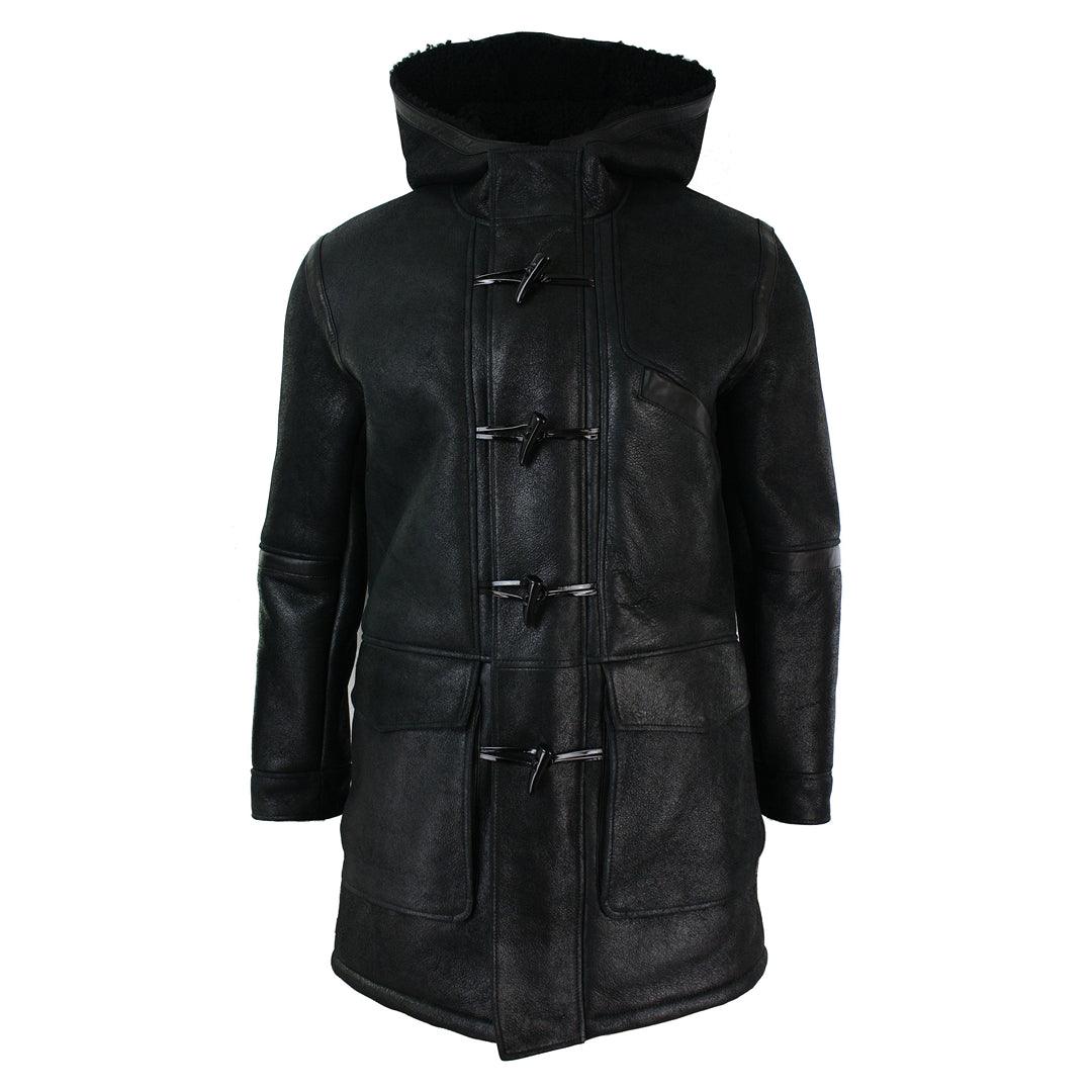 Mens Real Shearling Sheepskin 3/4 Hood Duffle Jacket Black Fur Warm Winter Streetwear Style