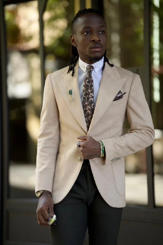 Amber Beige Slim Fit Peak Lapel Blazer: Elevate Your Wardrobe Gym