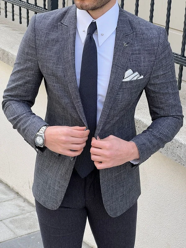 Rockford Dark Gray Slim Fit Peak Lapel Crosshatch Linen Blazer Youthful Men's Anime Rockford Dark Gray Slim Fit Peak Lapel Crosshatch Linen Blazer Youthful Men's Anime