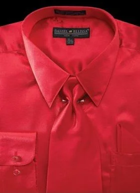 Satin Dress Shirt Convertible Cuff Regular Fit in Red With Tie And Pocket Square Confident Men's Power Satin Dress Shirt Convertible Cuff Regular Fit in Red With Tie And Pocket Square Confident Men's Power