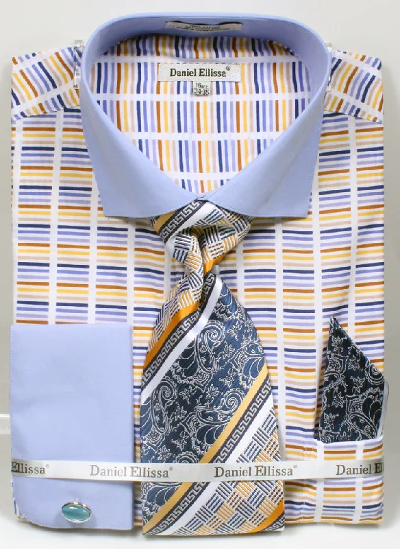 French Cuff Cotton Shirt in Blue with Tie, Cuff Links and Pocket Square Refined Men's Velvet French Cuff Cotton Shirt in Blue with Tie, Cuff Links and Pocket Square Refined Men's Velvet