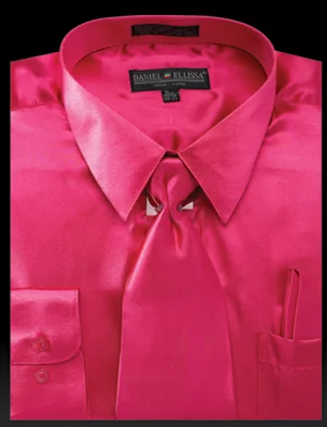Satin Dress Shirt Convertible Cuff Regular Fit in Fuchsia With Tie And Pocket Square Practical Men's Multi Satin Dress Shirt Convertible Cuff Regular Fit in Fuchsia With Tie And Pocket Square Practical Men's Multi