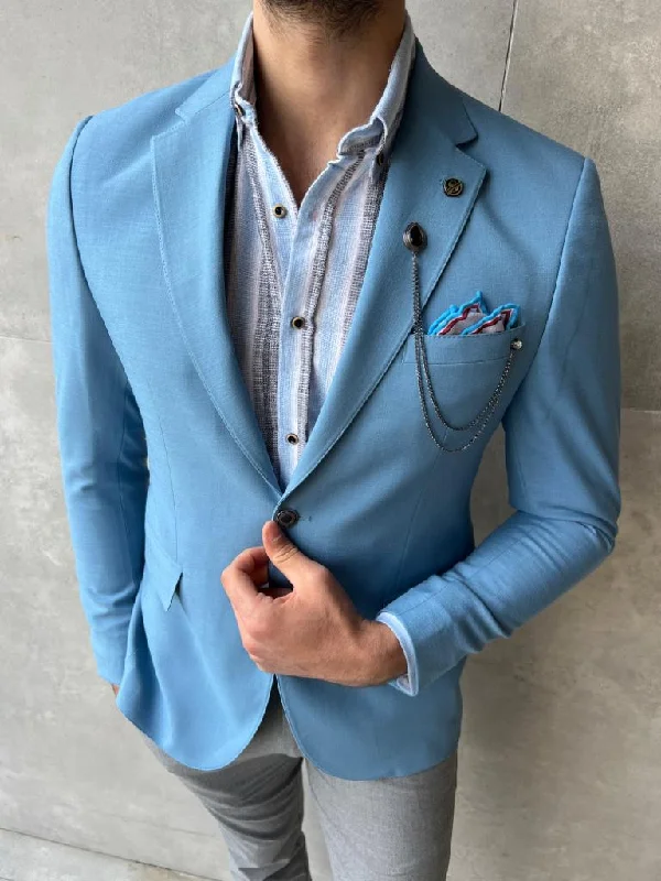 Lyon Sky Blue Slim Fit Notch Lapel Linen Blazer Bohemian Men's Free