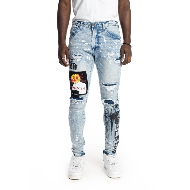 Slim Tapered Graphic Patched Jeans - Mizu Blue Edgy Men's Punk