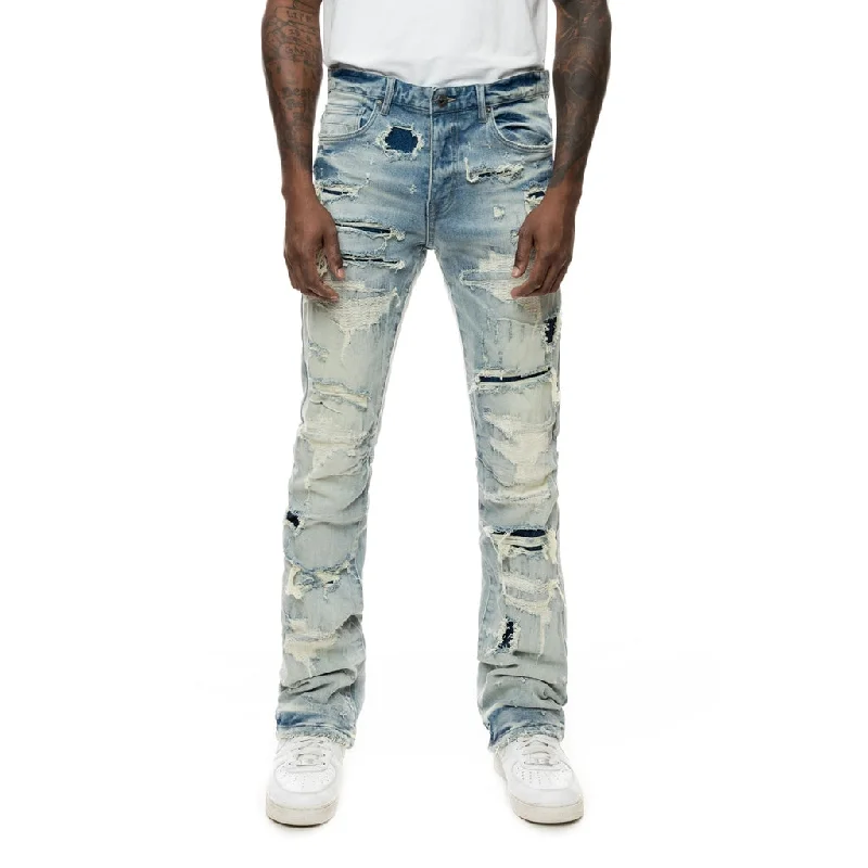 Lazy Stacked Flared Double Layered Jeans - York Blue Refined Men's European