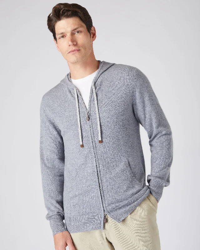 Men's Hooded Zipped Cashmere Top Mid Grey Melange Masculine Men's 