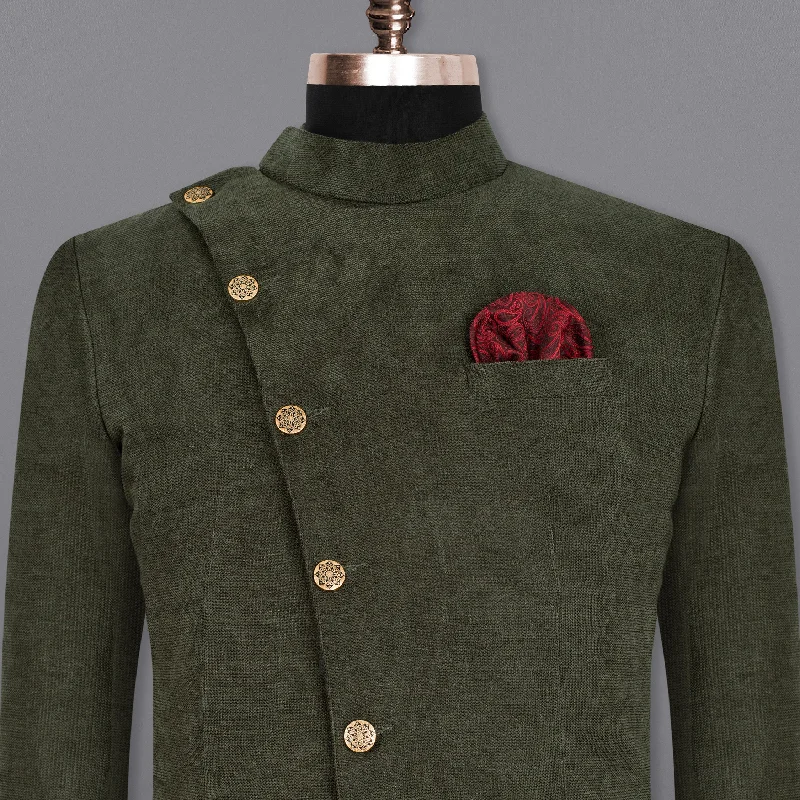 Merlin Green Cross Placket Bandhgala/Mandarin Corduroy Premium Cotton Blazer Sophisticated Men's French Merlin Green Cross Placket Bandhgala/Mandarin Corduroy Premium Cotton Blazer Sophisticated Men's French