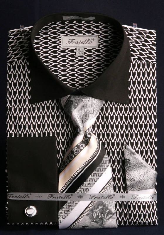 French Cuff Printed Tone on Tone Shirt in Black/White with Tie, Cuff Links and Pocket Square Bold Men's Statement French Cuff Printed Tone on Tone Shirt in Black/White with Tie, Cuff Links and Pocket Square Bold Men's Statement