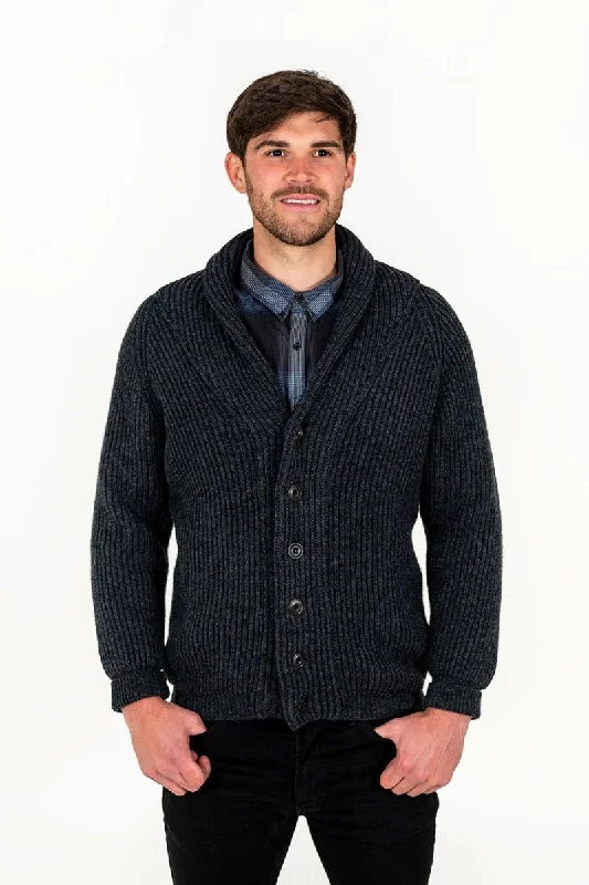 Mens ribbed Shawl Collar wool Cardigan - Charcoal Tough Men's Tactical