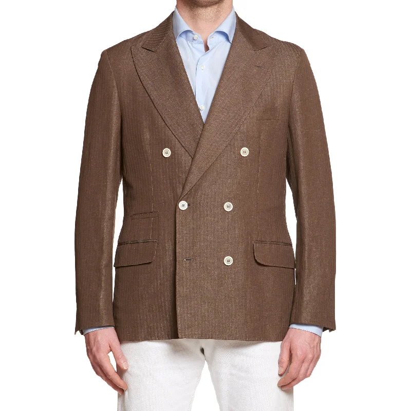BRUNELLO CUCINELLI Brown Herringbone Wool-Linen DB Jacket EU 52 NEW US 42 Rugged Men's Outdoor BRUNELLO CUCINELLI Brown Herringbone Wool-Linen DB Jacket EU 52 NEW US 42 Rugged Men's Outdoor