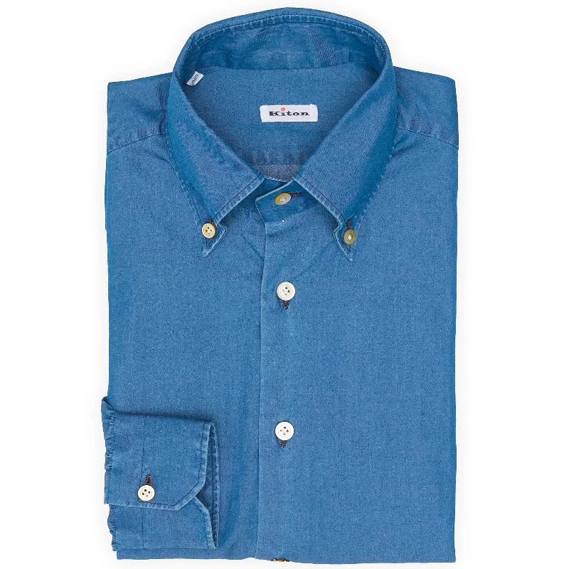KITON Napoli Handmade Blue Denim Cotton Button-Down Shirt EU 39 NEW US 15.5 Masculine Men's KITON Napoli Handmade Blue Denim Cotton Button-Down Shirt EU 39 NEW US 15.5 Masculine Men's