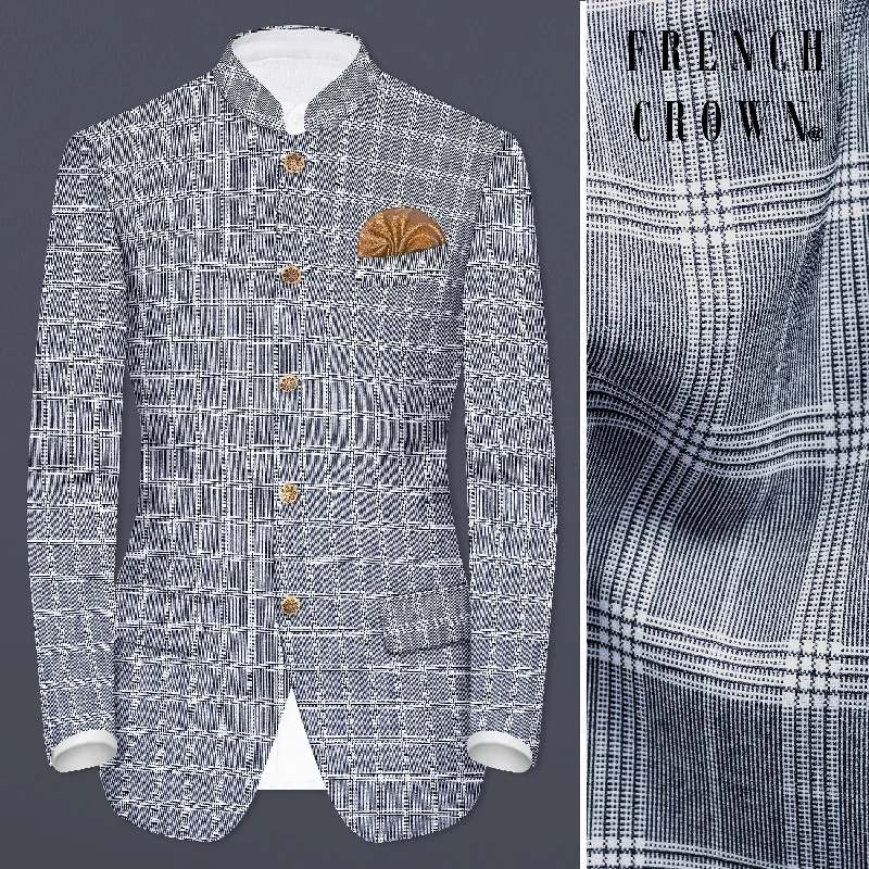 Mountain Mist Blue Plaid Wool Rich Bandhgala Blazer Stylish Men's Neon