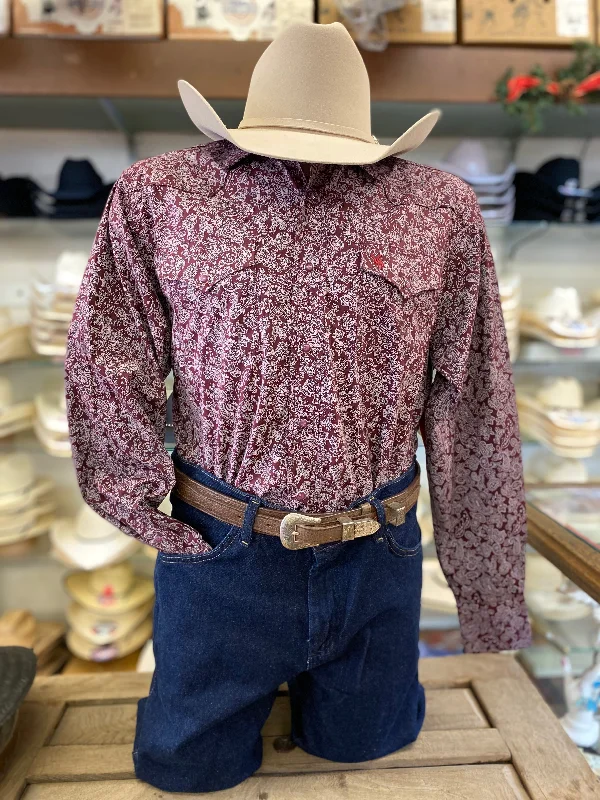 Men's Rodeo Burgundy & White Paisley Western Shirt Streetwear Style