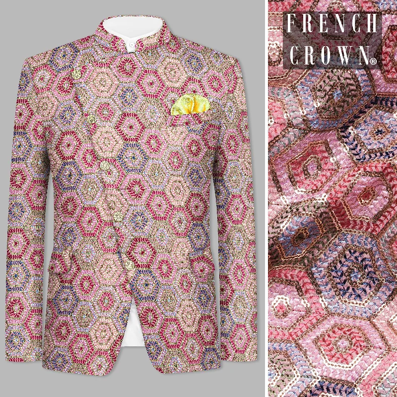 Radical Pink and Rhino Blue Multicolour Thread and Sequin Embroidered Cross Placket Bandhgala Jodhpuri Dapper Men's 1920S Radical Pink and Rhino Blue Multicolour Thread and Sequin Embroidered Cross Placket Bandhgala Jodhpuri Dapper Men's 1920S