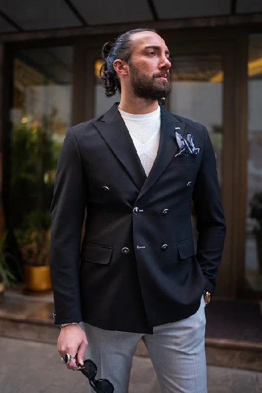 Brabion Lance Black Slim Fit Double Breasted Blazer Street