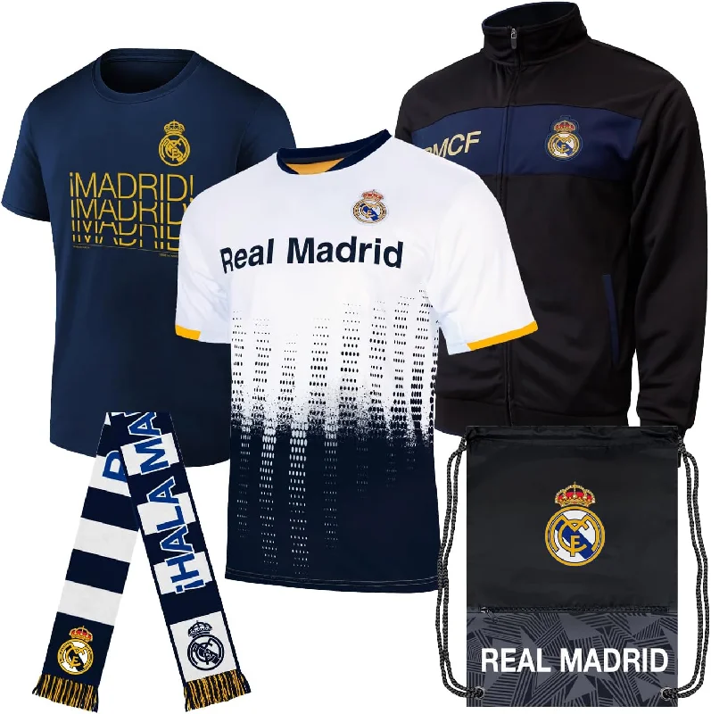Ultimate Fan Pack: Officially Licensed CF Real Madrid Soccer Bag, Scarf, Jacket & Shirts 5 Piece Value Set Dynamic Men's High Ultimate Fan Pack: Officially Licensed CF Real Madrid Soccer Bag, Scarf, Jacket & Shirts 5 Piece Value Set Dynamic Men's High