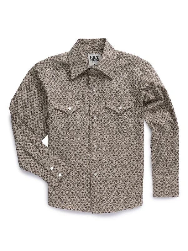 Ely & Walker Men's Western Khaki Medallion Long Sleeve Pearl Snap Shirt Street