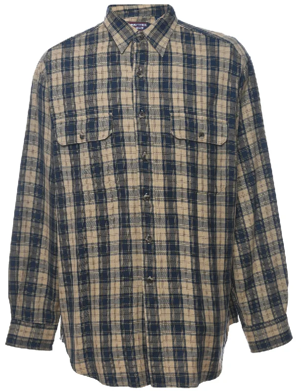 Long Sleeved Beige & Navy Checked Shirt - L Beach