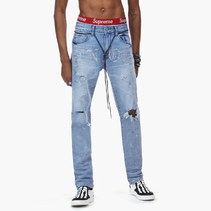 Bleunoir Slim Rhinestone Logo Jeans - Zest Blue Cool Men's Distressed