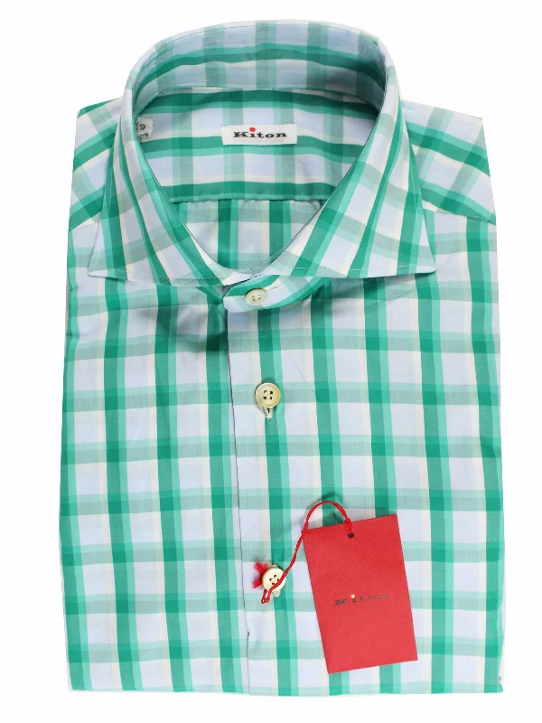 Kiton Shirt White Turquoise Green Check 39 - 15 1/2 REDUCED - SALE Sharp Men's Italian Kiton Shirt White Turquoise Green Check 39 - 15 1/2 REDUCED - SALE Sharp Men's Italian
