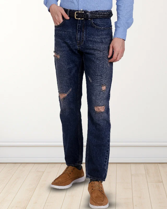 Faded Medium Indigo Washed Distressed Jeans Sporty Men's Athleisure 