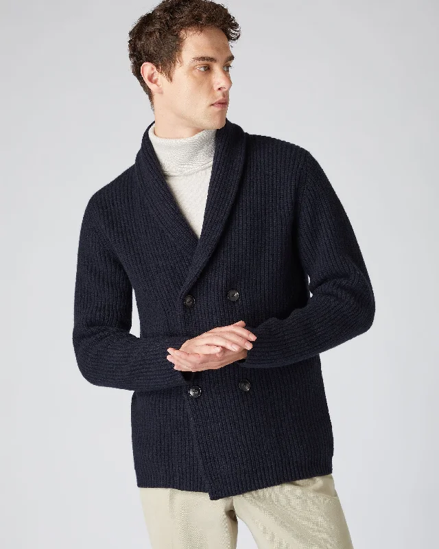 Men's Double Breasted Cashmere Cardigan Navy Blue Beach