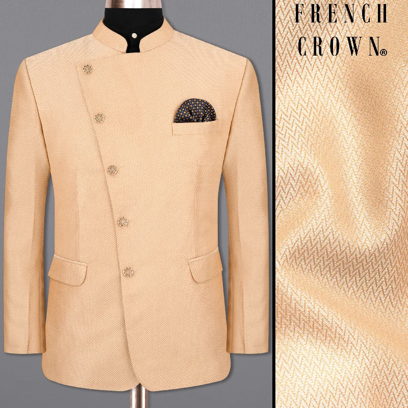 Maize Chevron Textured Cross Placket Bandhgala Designer Blazer Trendy Men's Oversized