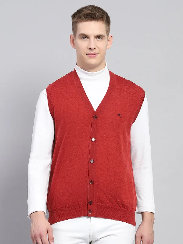 Men Red Solid V Neck Sleeveless Cardigan Practical Men's Multi