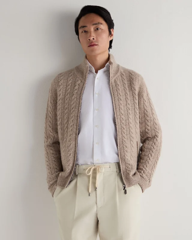 Men's Richmond Cable Cashmere Cardigan Oatmeal Brown Sporty Men's Athleisure 