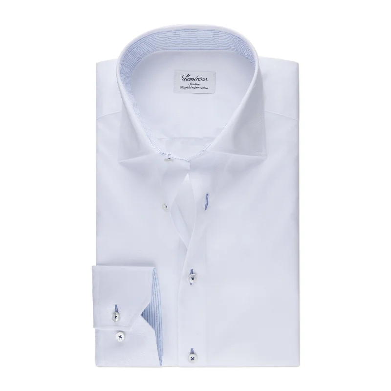 White Fitted Body Twill Shirt with Blue Contrast Details - Stenströms Modern Men's Geometric White Fitted Body Twill Shirt with Blue Contrast Details - Stenströms Modern Men's Geometric