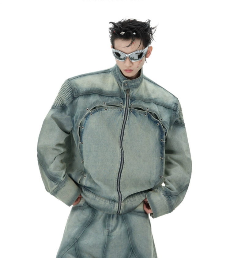 Blue Distressed Denim Jacket Bohemian Men's Free