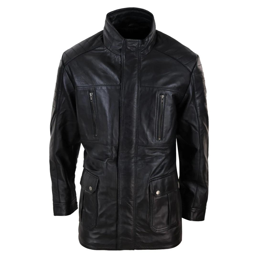 Mens 3/4 Real Leather Jacket Safari Black Brown Zipped Winter Shooting Sleek Men's Contemporary Mens 3/4 Real Leather Jacket Safari Black Brown Zipped Winter Shooting Sleek Men's Contemporary