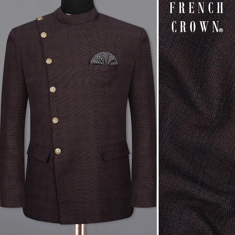 Thunder Brown Subtle Checkered Woolrich Cross Placket Bandhgala Blazer Elegant Men's Cashmere Thunder Brown Subtle Checkered Woolrich Cross Placket Bandhgala Blazer Elegant Men's Cashmere